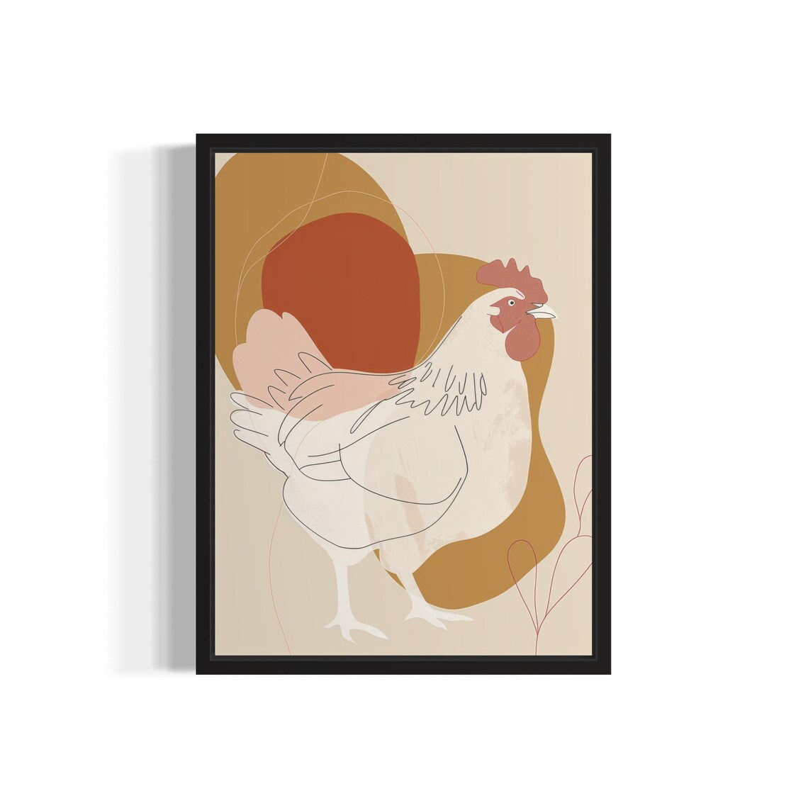 White Rooster Delicate Line Art Beige Abstract Modern Farm Poster