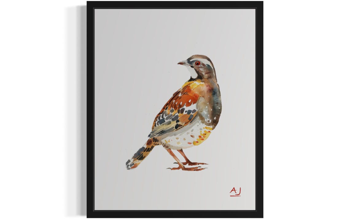 Partridge in Profile with Speckled Plumage Watercolor Bird Poster