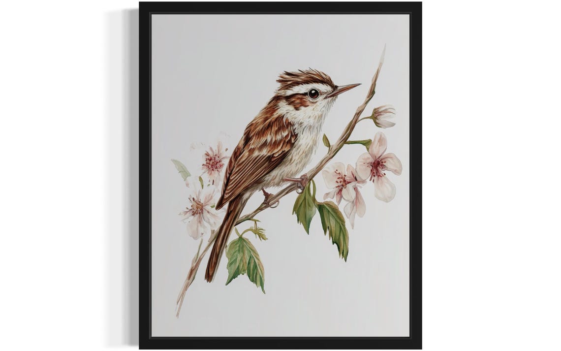Brown Creeper Bird Blossom Branch Watercolor Illustration Poster