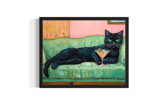 Black Cat with Martini on Green Velvet Sofa Funny Art Poster