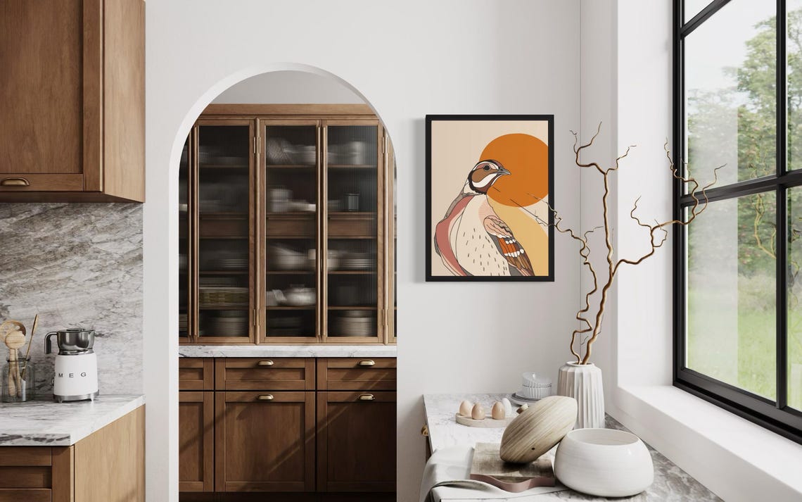 Stylized Quail Bird Sunset Orange Circle Minimalist Nature Poster - Image 4