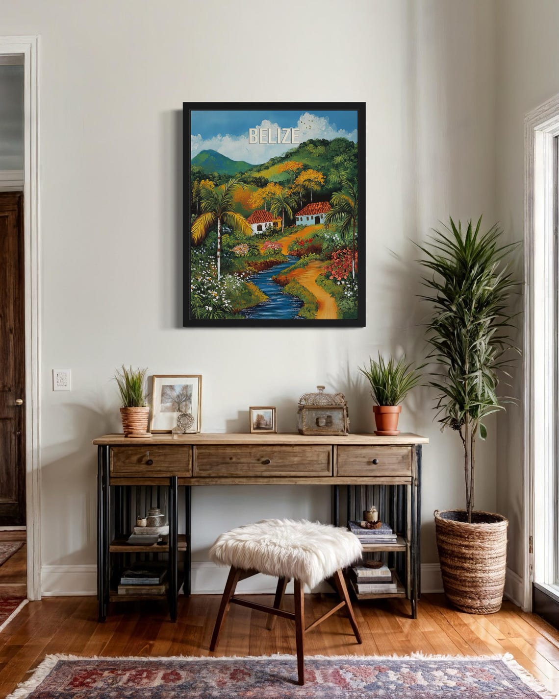 Belize Winding Blue Stream Palm Trees White Houses Folk Art Poster - Image 2