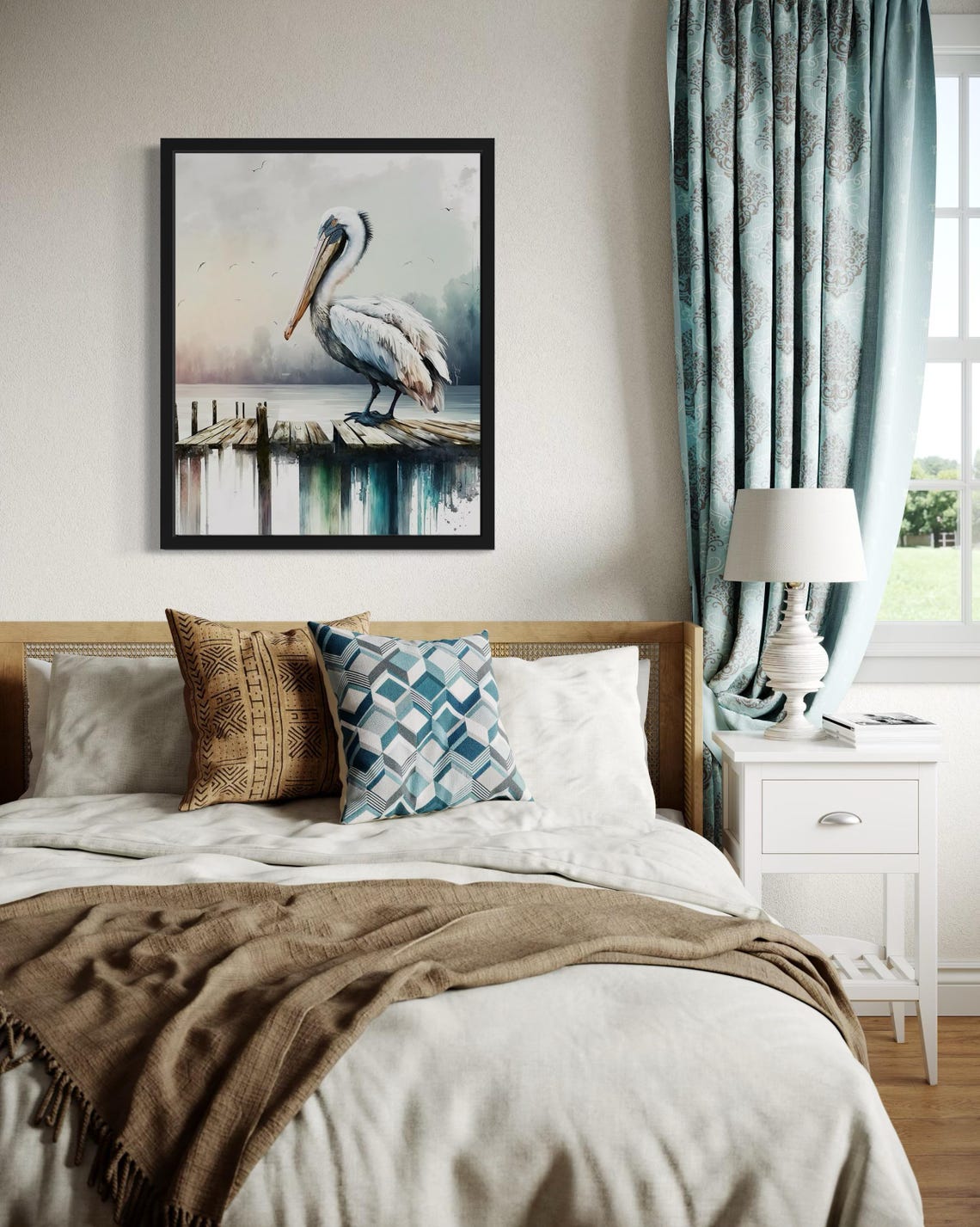 White Pelican Resting on Weathered Wooden Pier Watercolor Poster - Image 4