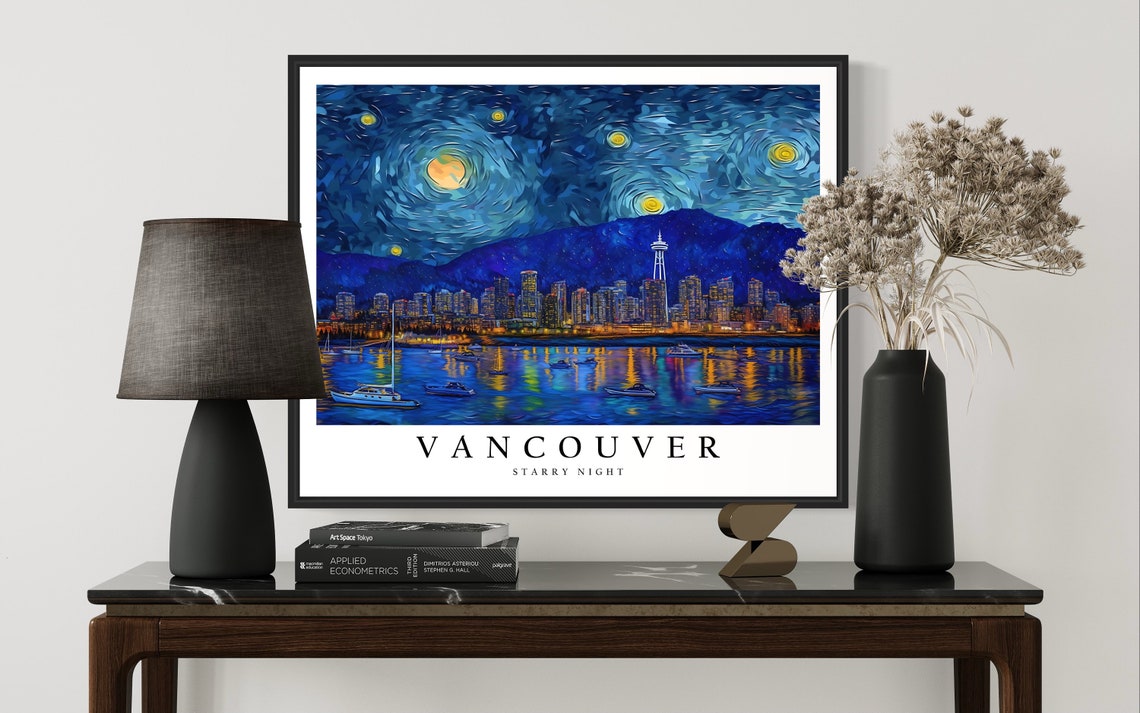 Vancouver Starry Night Harbor Boats Skyline Moonlit Art Poster - Image 3