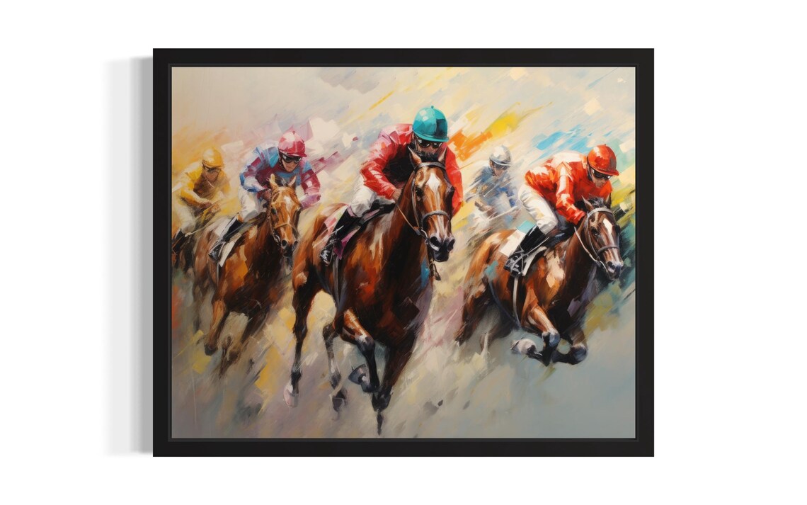 Horse Race Jockeys Galloping in Colorful Oil Painting Poster