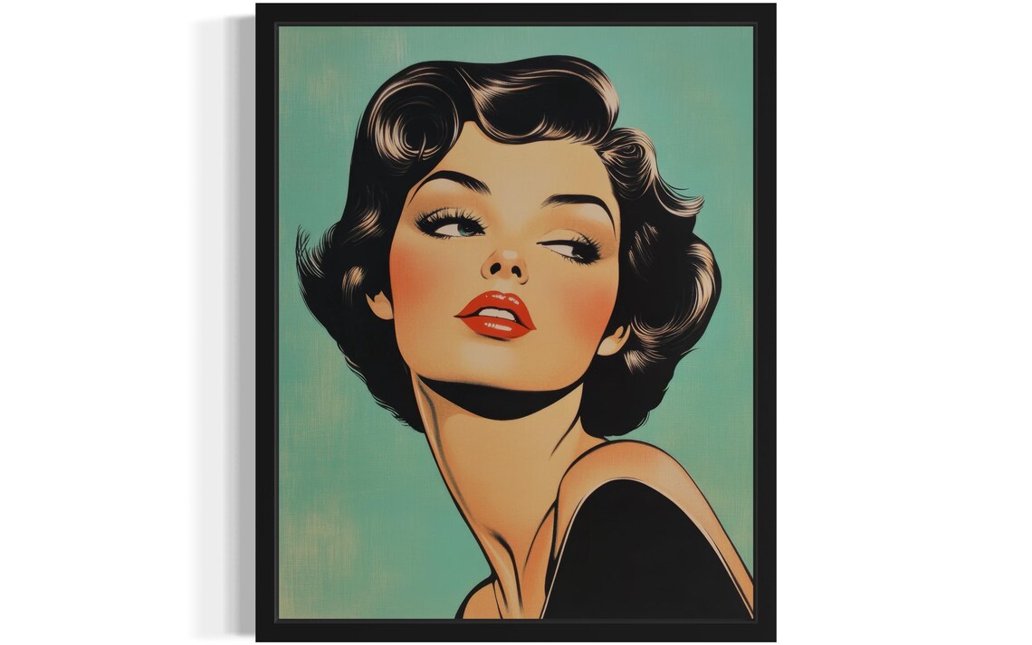 Retro Pinup Woman Portrait Teal Background Vintage Style Poster