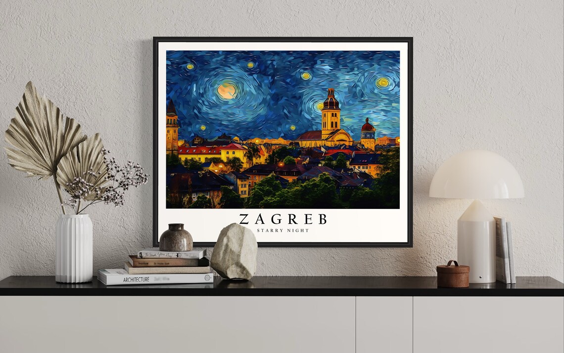 Zagreb Starry Night Old Town Towers Croatia Moonlit Art Poster - Image 2
