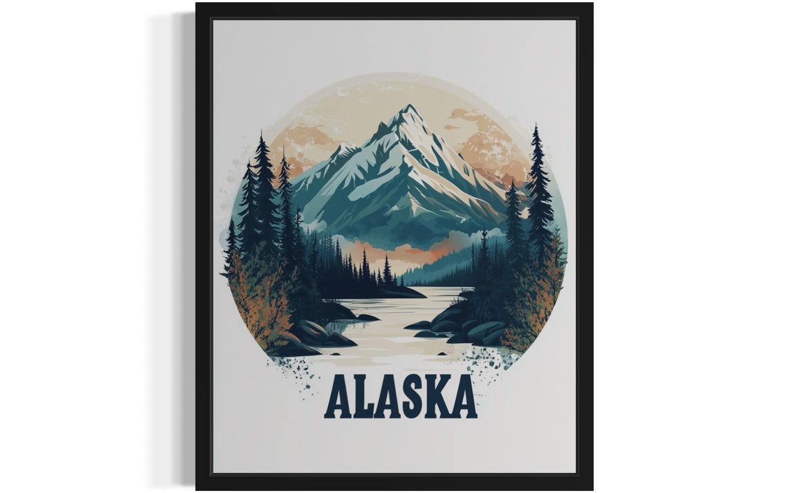 Alaska Snowy Mountain Peak Wild River Evergreen Forest Poster