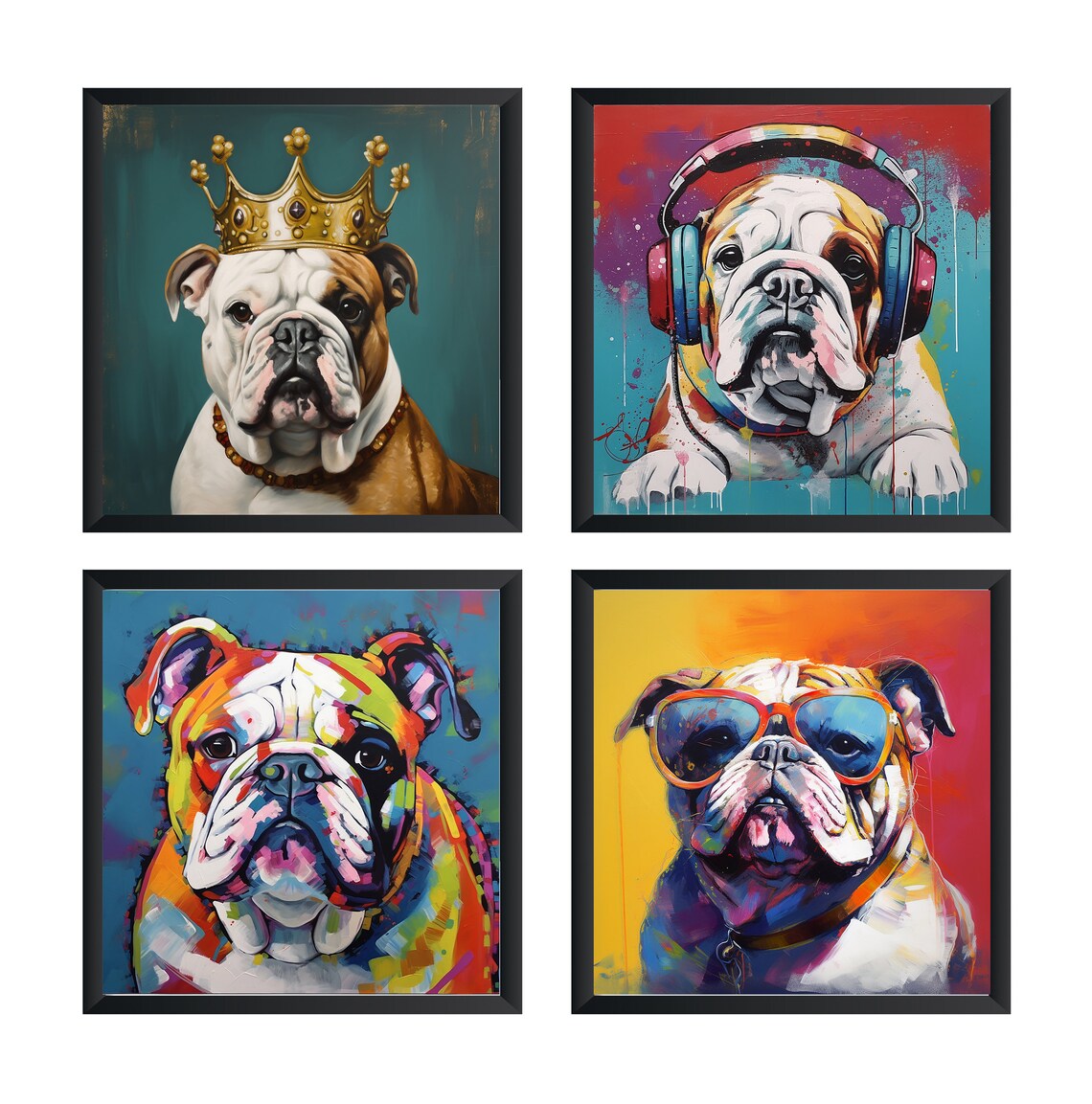 Bulldog Pop Art Set of 4 Bold Colorful Dog Portrait Gallery Print