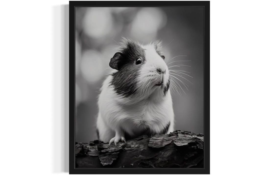 Cute Guinea Pig Sitting on a Log Black and White Photo Poster