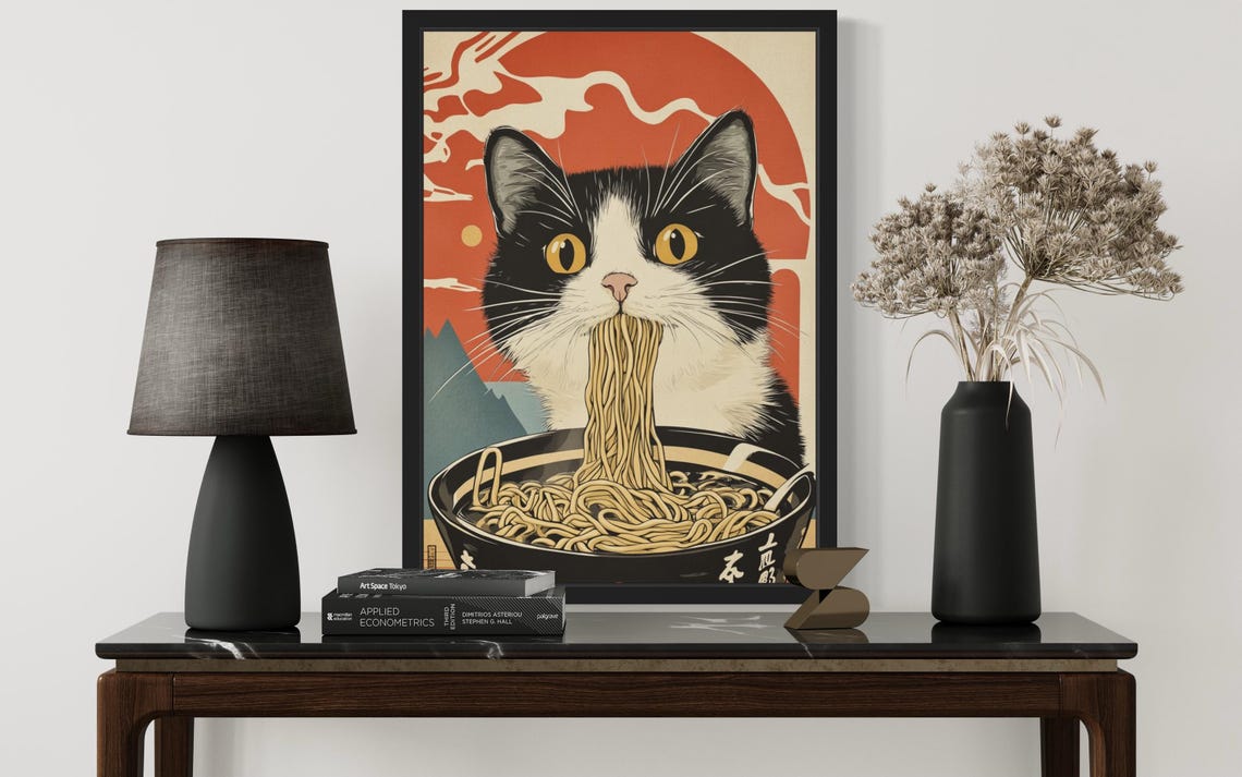Tuxedo Cat Slurping Ramen Bowl Japanese Ukiyo-e Style Poster - Image 2