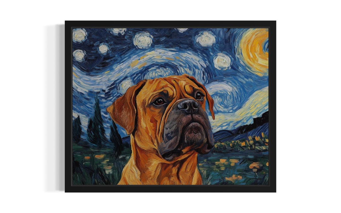 Bullmastiff Starry Night Van Gogh Style Big Dog Portrait Poster