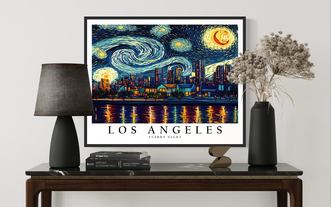 Los Angeles California Starry Night Downtown Skyline Art Poster - Image 3