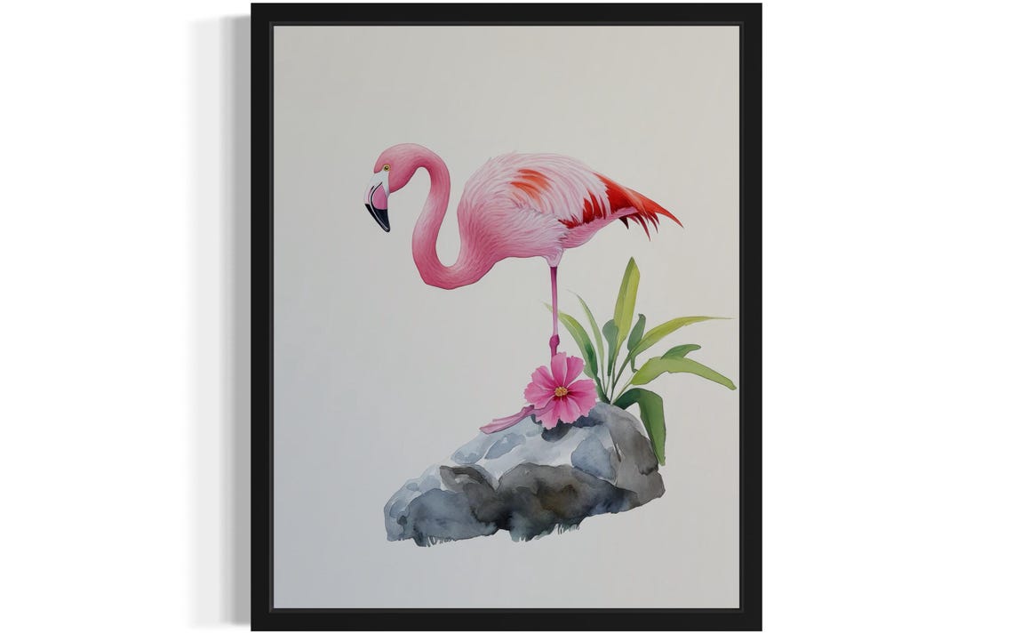 Pink Flamingo Standing on Stone with Flower Watercolor Poster
