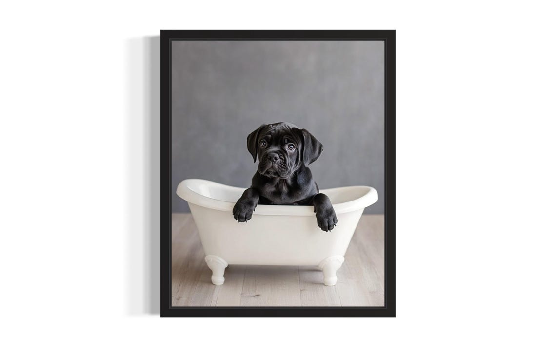 Cane Corso Puppy in White Bathtub Adorable Black Dog Photo Poster