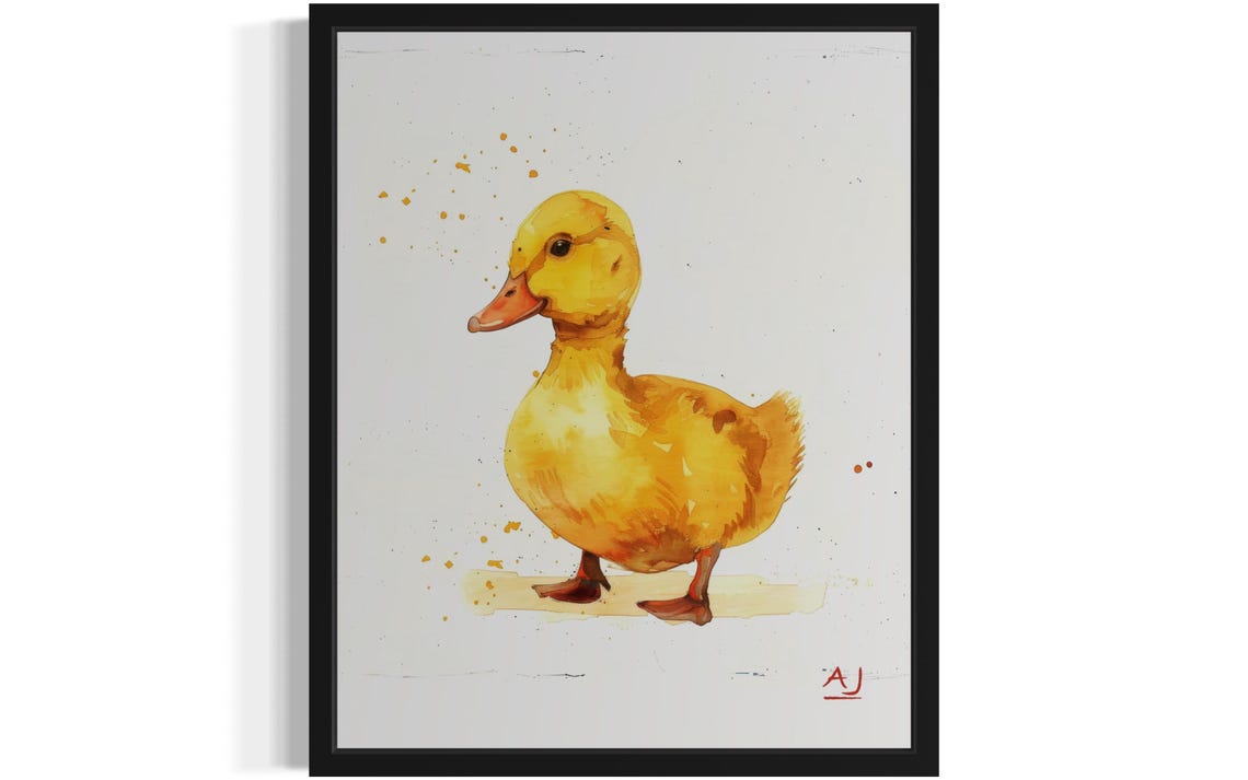 Yellow Duckling Watercolor With Orange Paint Splashes Poster
