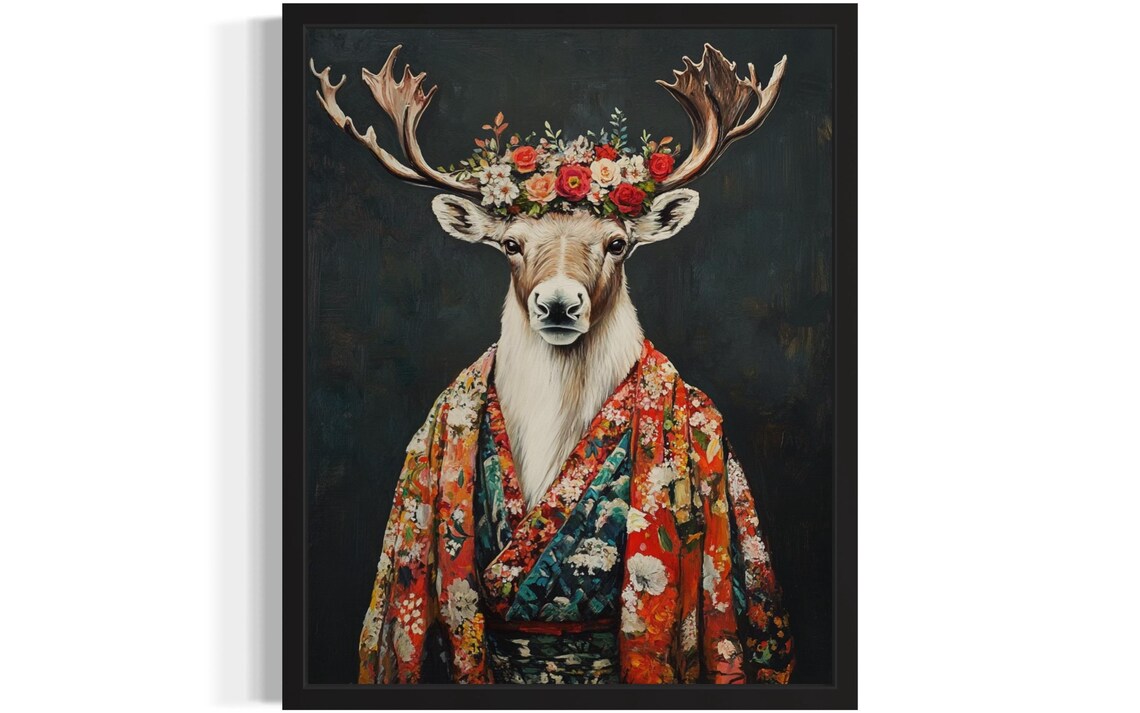 Caribou Wearing Flower Crown and Floral Kimono Fine Art Decor Poster