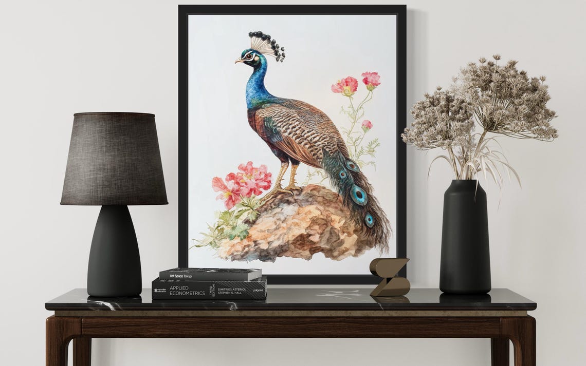 Peahen on a Rocky Perch with Pink Blossoms Watercolor Poster - Image 2