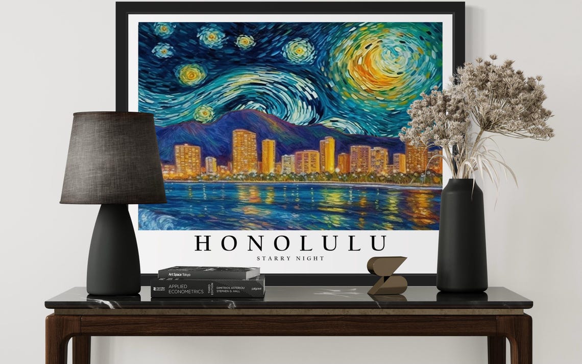 Honolulu Hawaii Waikiki Beachfront Starry Night Skyline Poster - Image 3