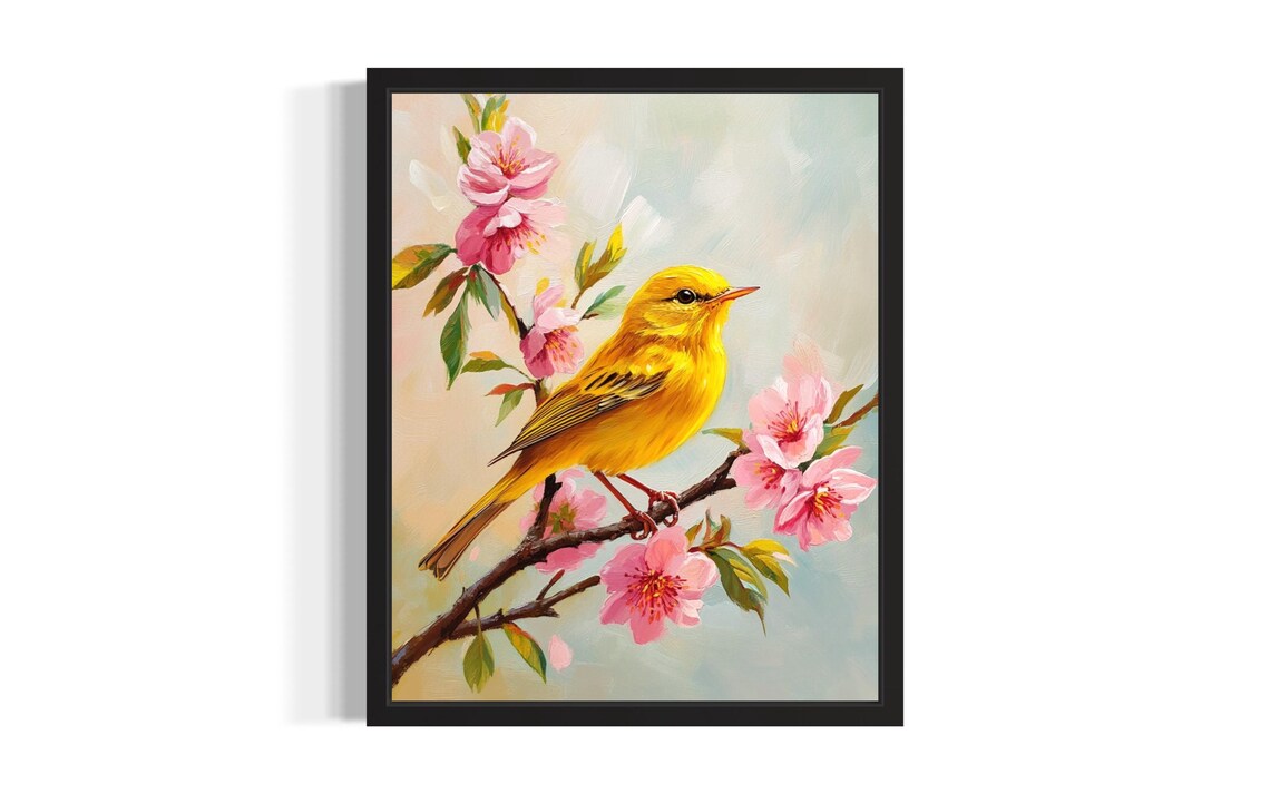 Yellow Warbler Songbird On Blossoming Pink Cherry Branch Scene Poster