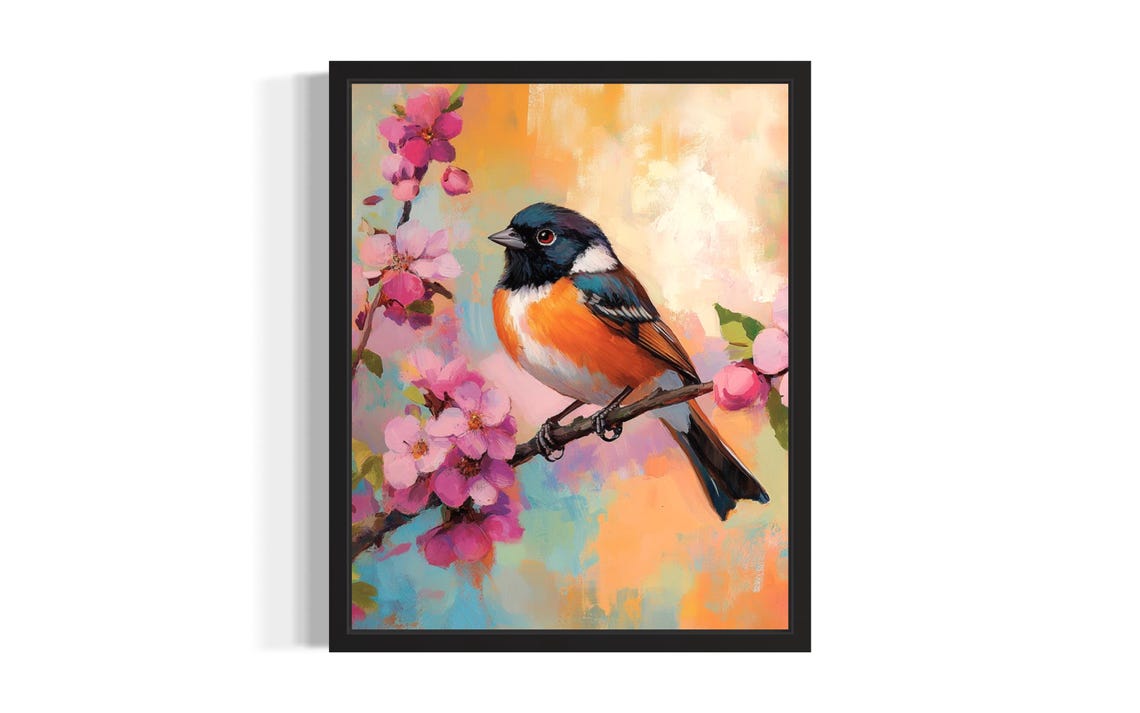 Eastern Towhee Bird on Pink Blossom Branch Songbird Wall Art