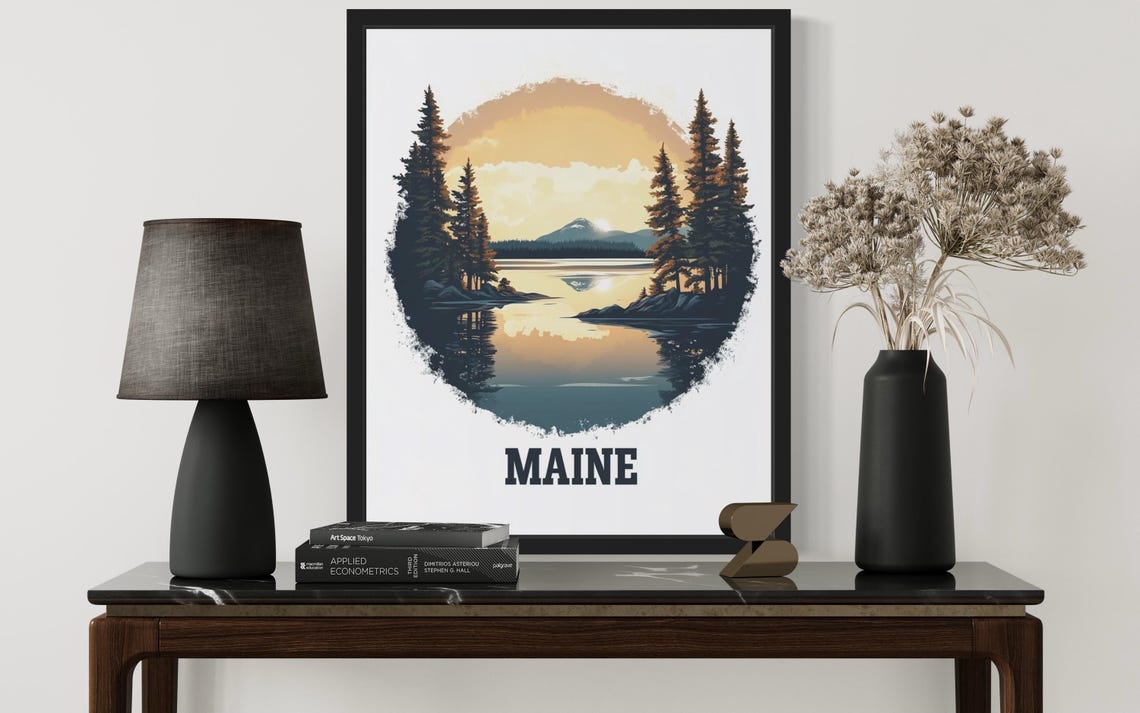 Maine Golden Sunrise Over Lake Pines Mountain Reflection Poster - Image 3