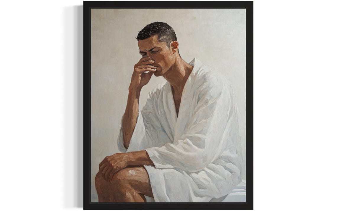 Young Man in White Robe Holding Nose in Funny Seated Pose Poster