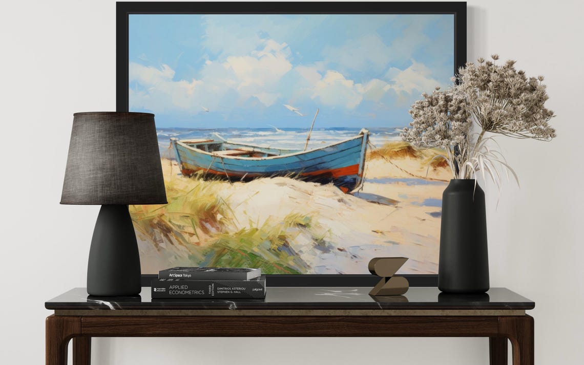Blue Rowboat Resting on Sandy Beach Dunes Original Painting Poster - Image 3