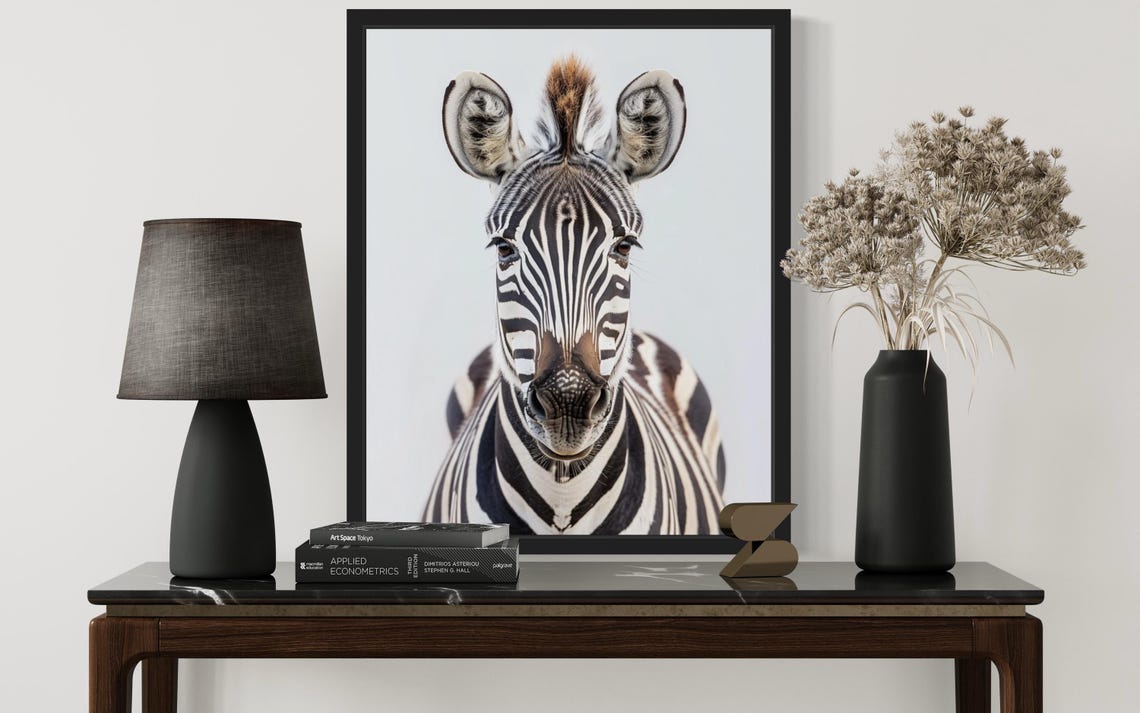 Curious Zebra Face Close-Up on Soft Gray Background Photo Poster - Image 2