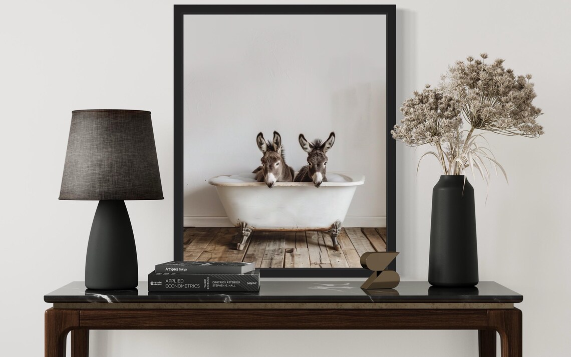 Two Curious Donkeys Peeking Over Vintage Clawfoot Bathtub Funny Poster - Image 2