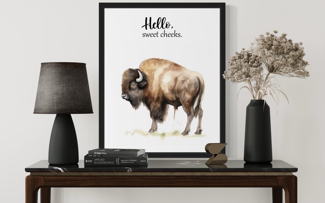 Painted Bison Watercolor Hello Sweet Cheeks Funny Bathroom Poster - Image 3