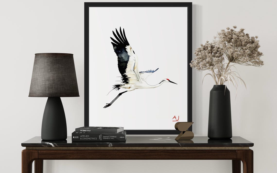 White Crane In Flight Watercolor With Minimal Style Bird Poster - Image 4