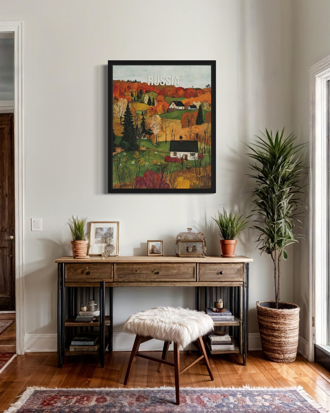 Russia Fiery Autumn Countryside with Forest Cabins Travel Poster - Image 2