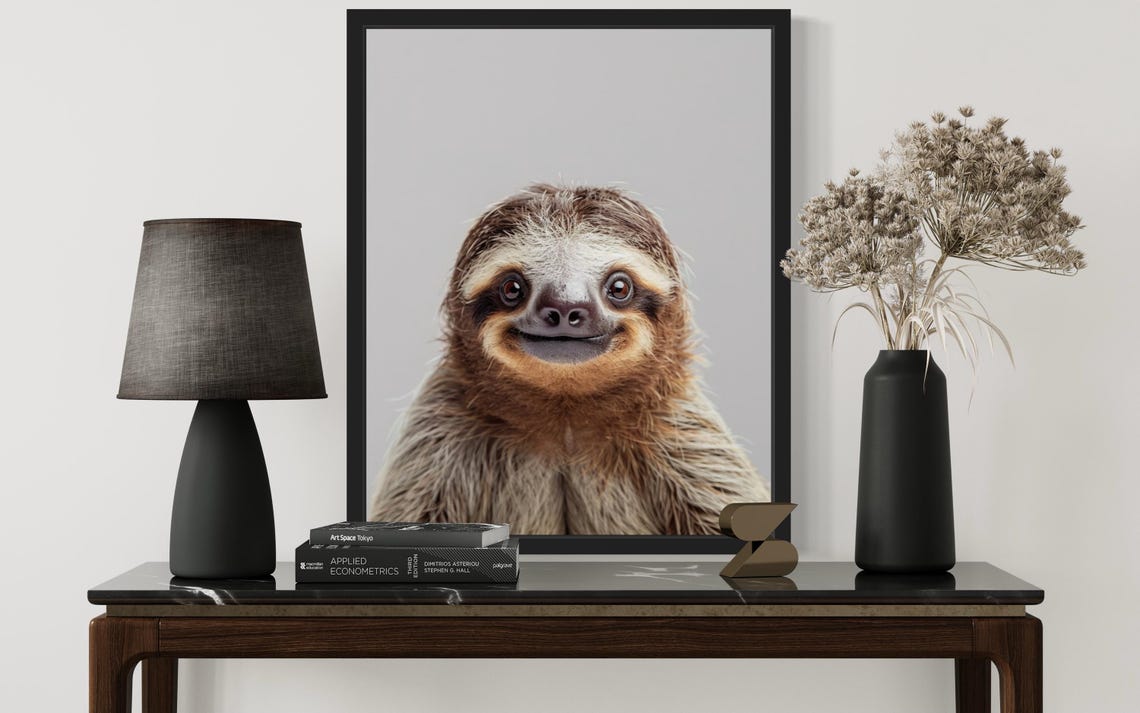 Happy Smiling Sloth Face Close-Up on Gray Background Photo Poster - Image 2