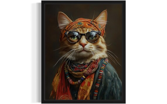 Hippie Cat Portrait With Headscarf Glasses And Beads Art Poster