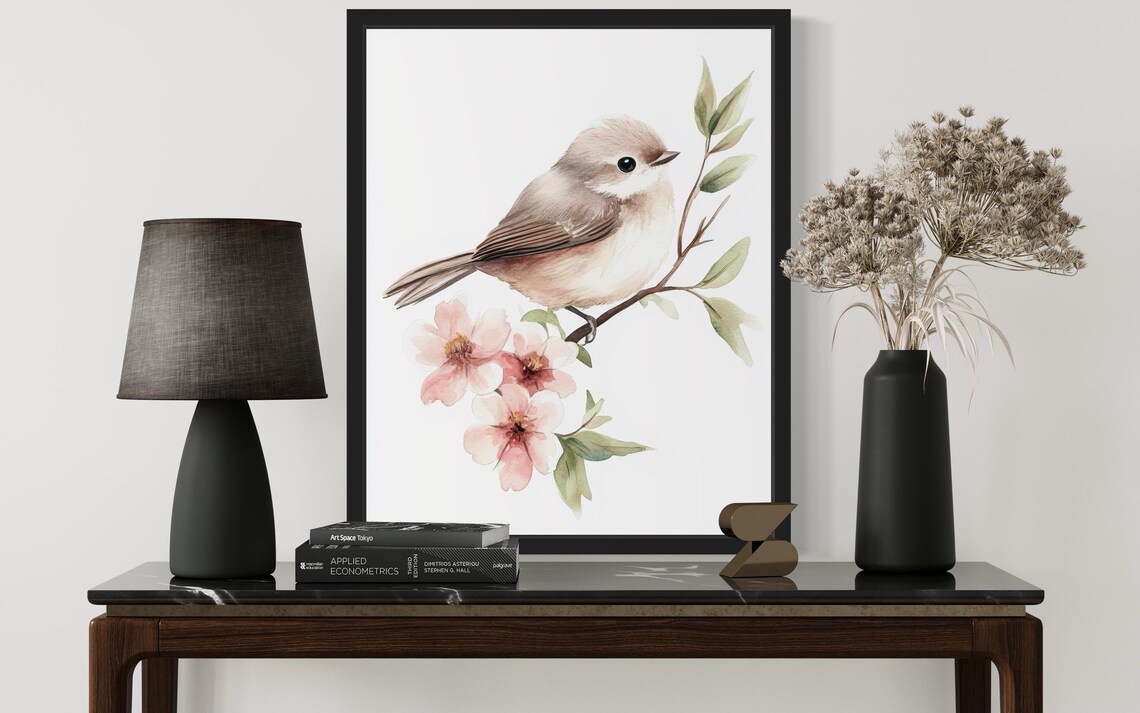 Bushtit Songbird on Blossom Branch Botanical Watercolor Poster - Image 2