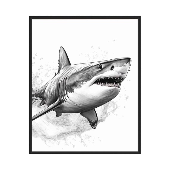 Great White Shark Black and White Breaching Ocean Wave Poster