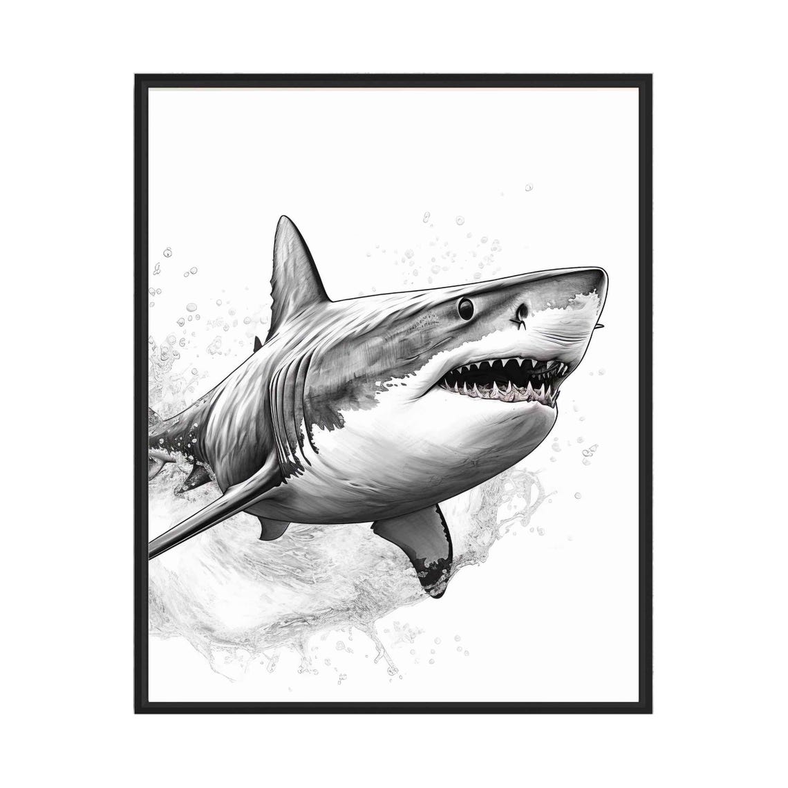 Great White Shark Black and White Breaching Ocean Wave Poster