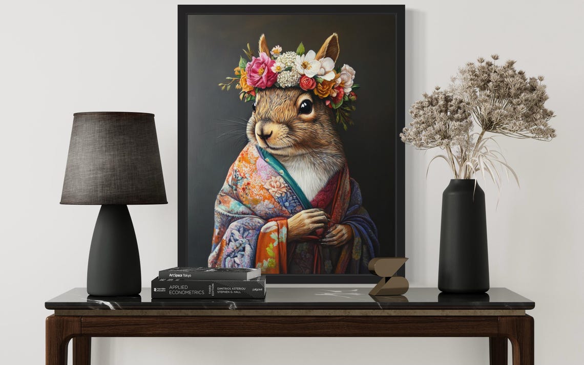 Squirrel Wearing Flower Crown and Floral Kimono Fine Art Decor Poster - Image 3