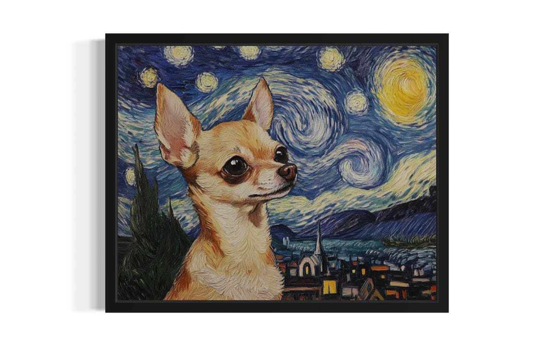 Chihuahua Starry Night Van Gogh Style Tiny Dog Portrait Poster