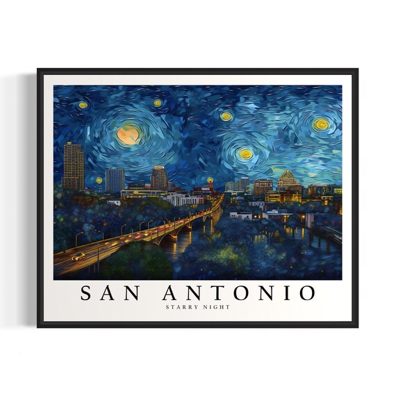 San Antonio Starry Night Riverwalk Bridge Van Gogh City Poster