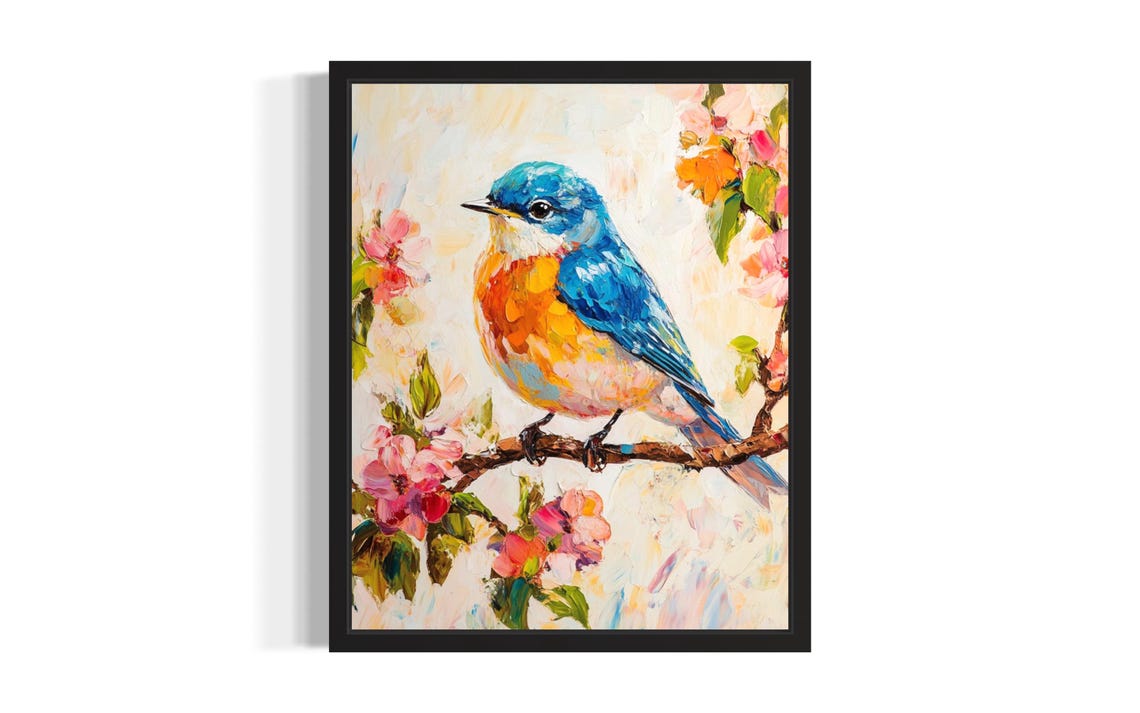 Eastern Bluebird Perched On Blossoming Branch Spring Floral Poster