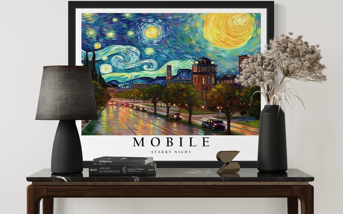 Mobile Alabama City Street in Van Gogh Starry Night Style Poster - Image 3
