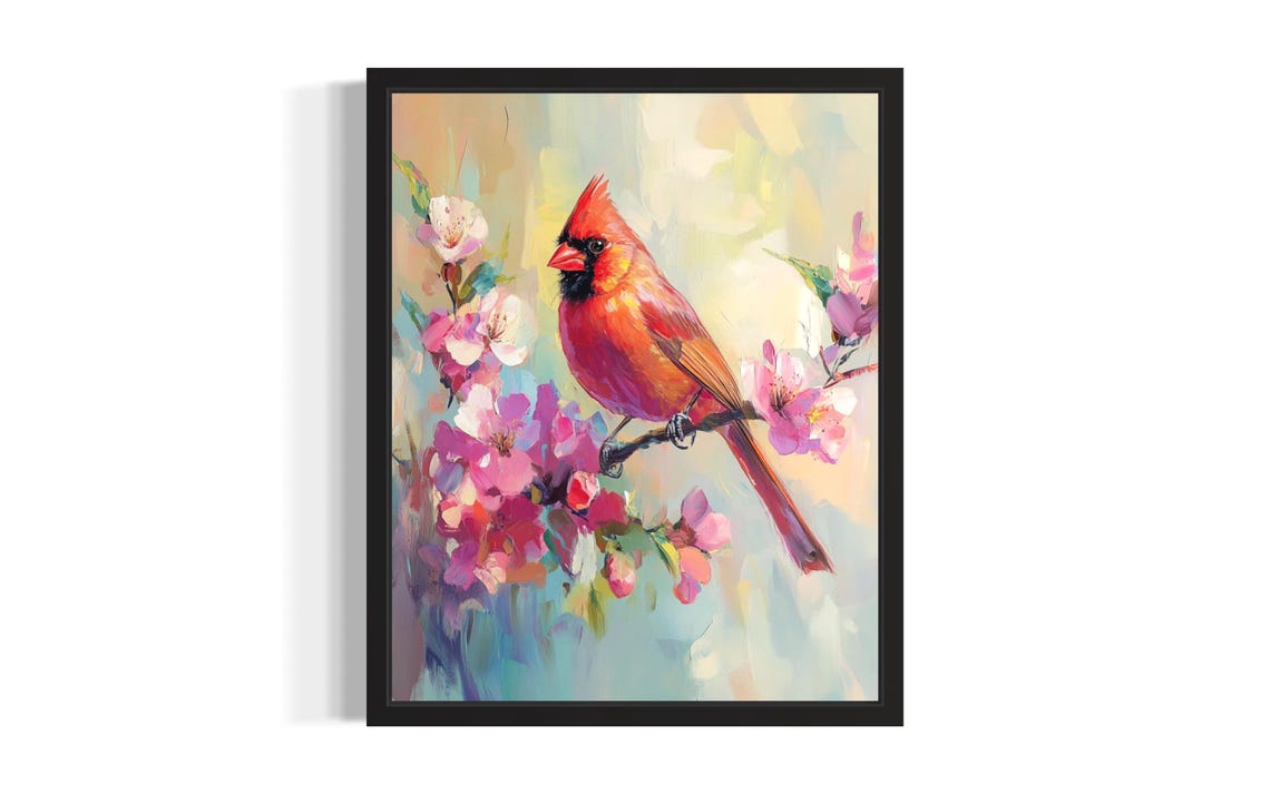 Vibrant Red Cardinal Cherry Blossom Branch Spring Painting Poster