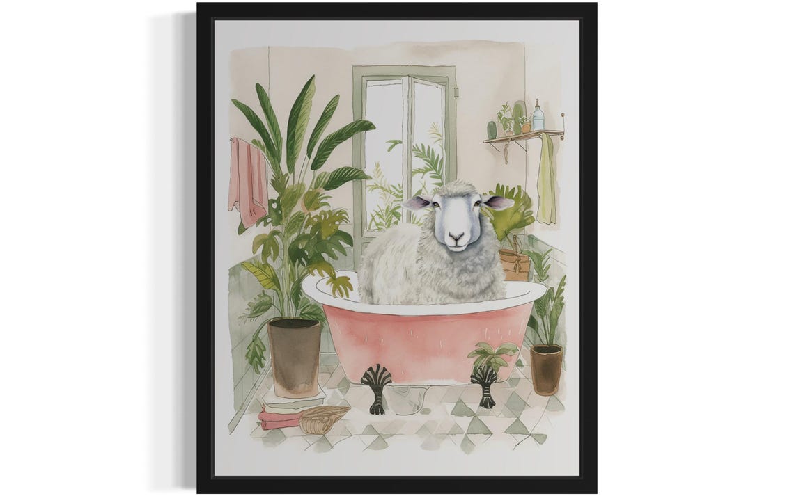 Fluffy White Sheep Soaking in a Pink Bathtub Bathroom Decor Poster
