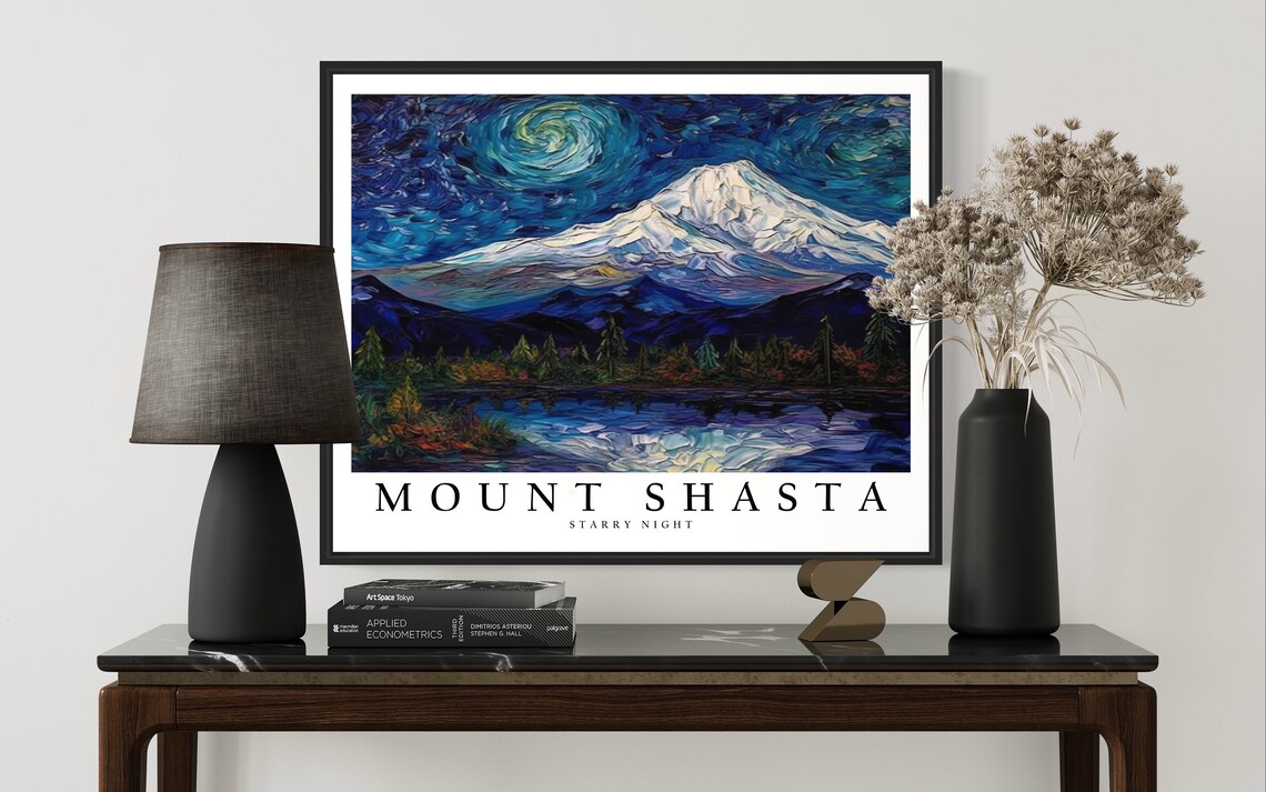 Mount Shasta California Snow Peak Starry Night Mountain Lake View Poster - Image 3