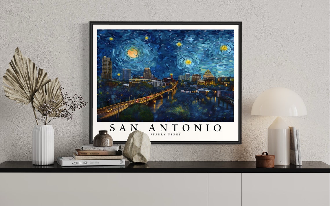 San Antonio Starry Night Riverwalk Bridge Van Gogh City Poster - Image 2