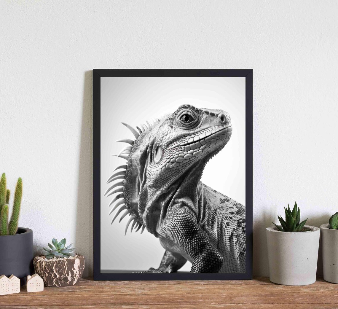 Striking Iguana Close Up Portrait in Black and White Art Poster - Image 2