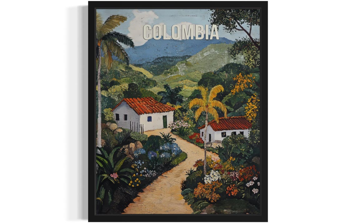 Colombia Misty Mountain Jungle Path Red Roof Houses Folk Art Poster