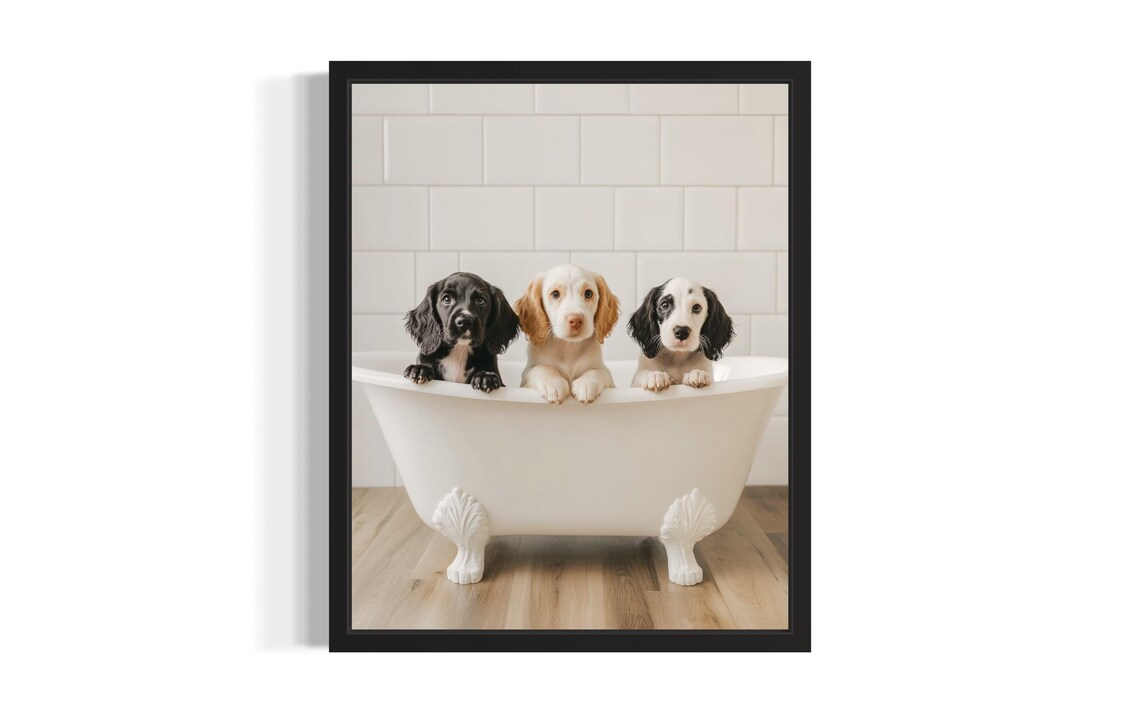 Three Sweet Puppies Peeking Over a Vintage Clawfoot Bathtub Poster